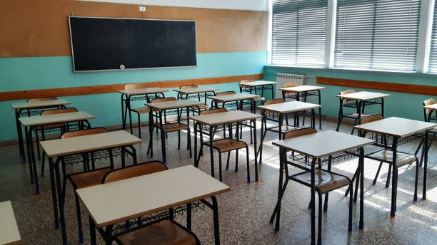Italy - September 2020: School desks Covid-19 period spacing of one meter